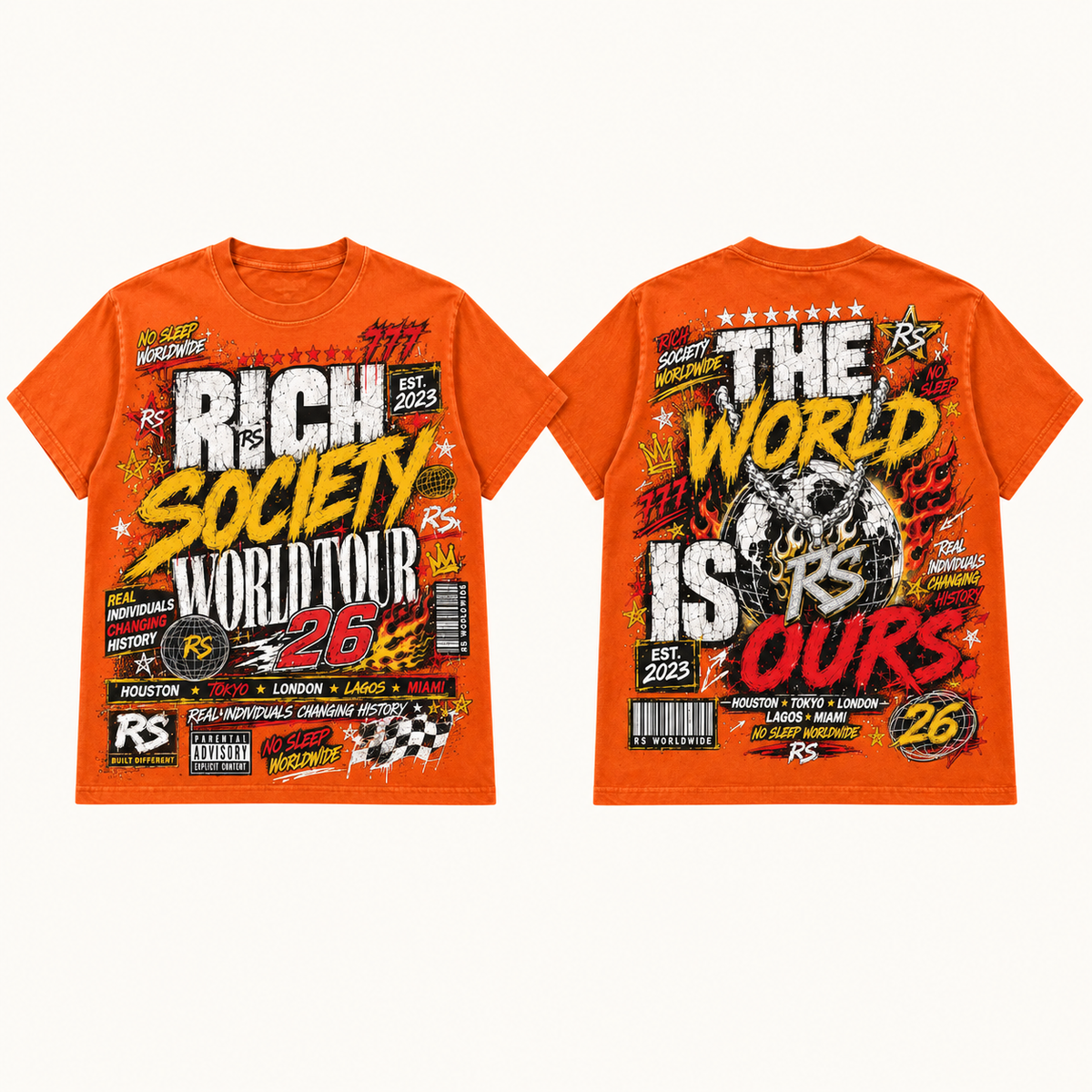 Rich Society World Tour 26 Yellow Orange tee front and back