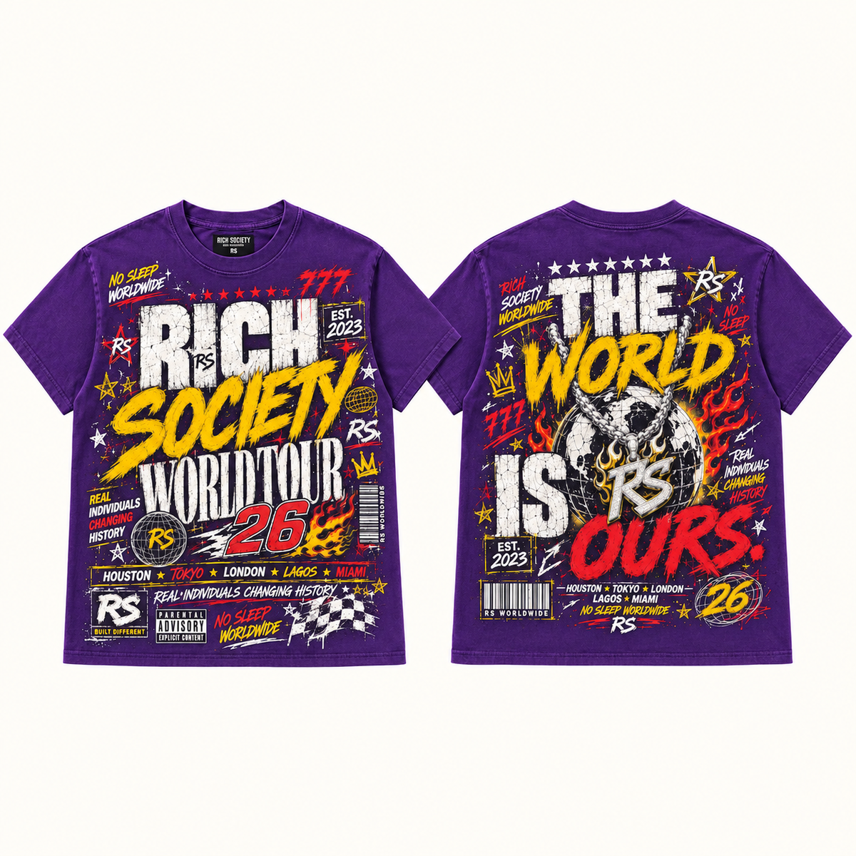 Rich Society World Tour 26 Yellow Purple tee front and back