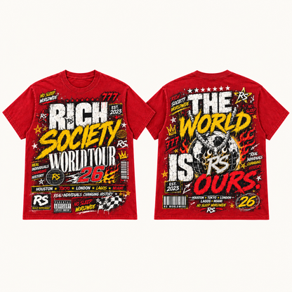 Rich Society World Tour 26 Yellow Red tee front and back