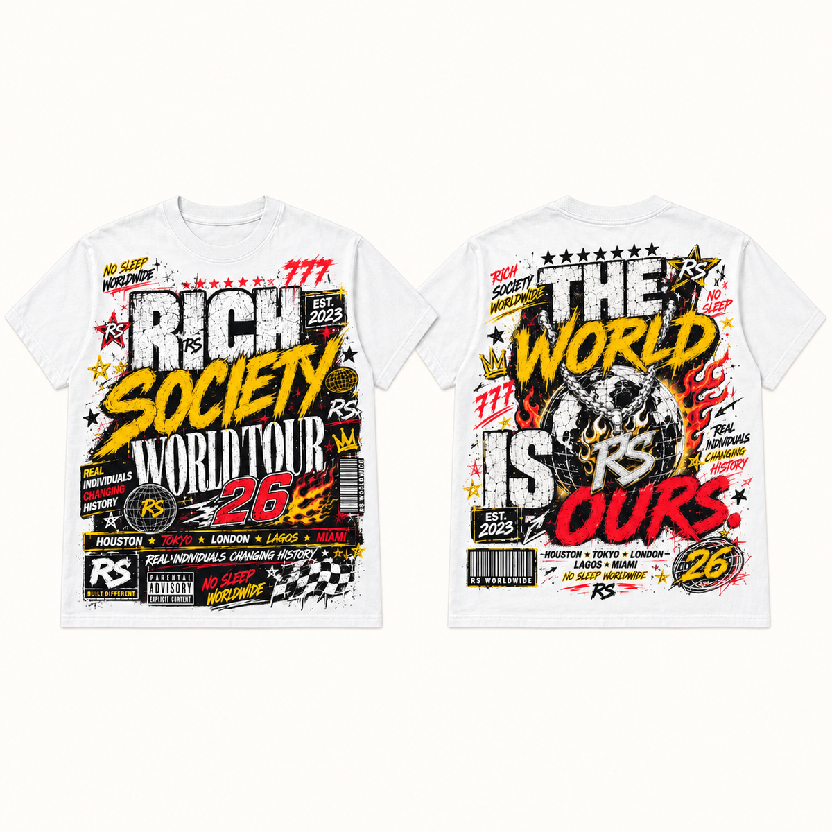 Rich Society World Tour 26 Yellow White tee front and back
