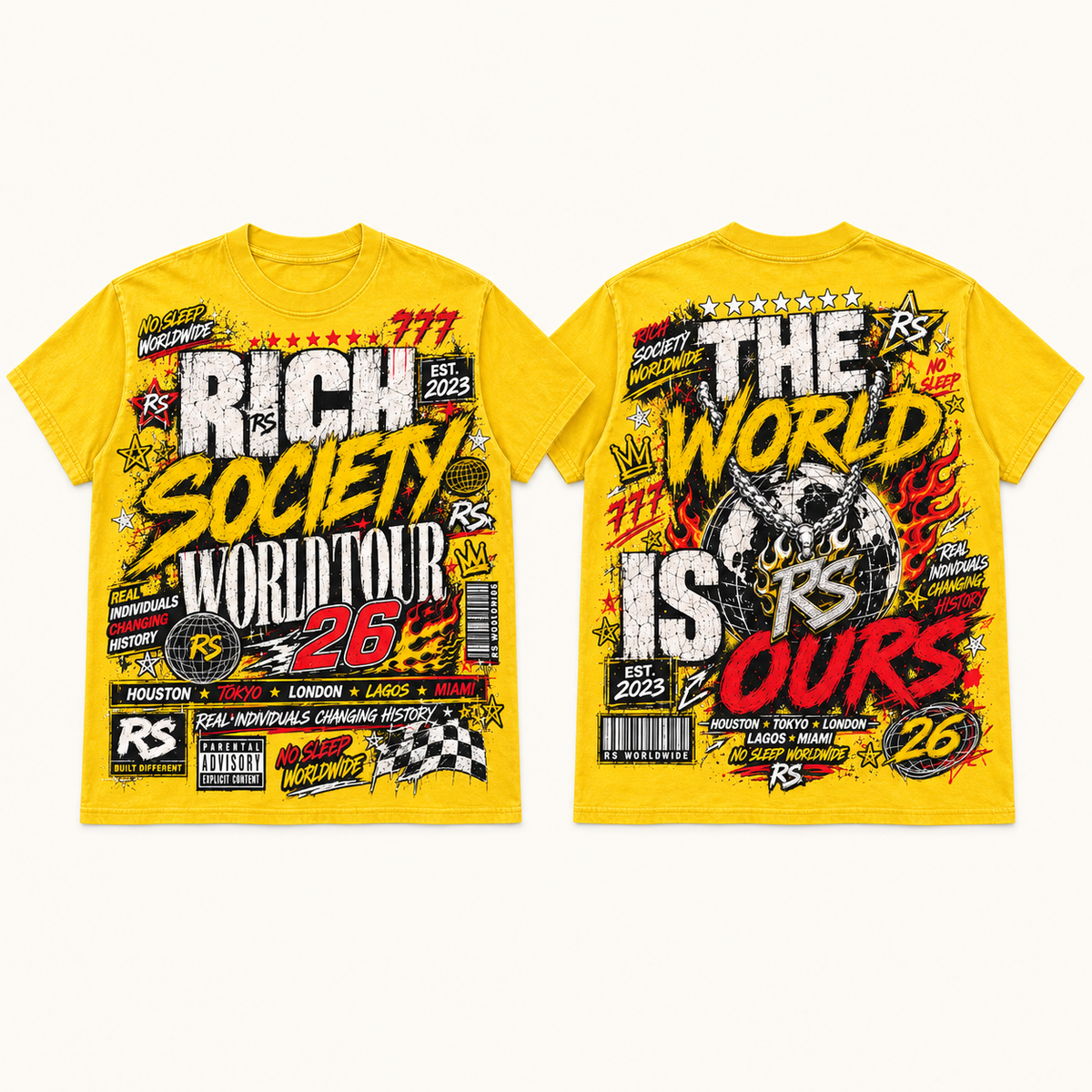 Rich Society World Tour 26 Yellow Yellow tee front and back