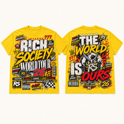 Rich Society World Tour 26 Yellow Yellow tee front and back