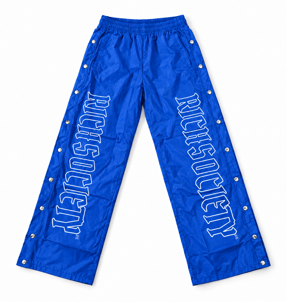 Blue RichSociety snap pants — full-pair mockup