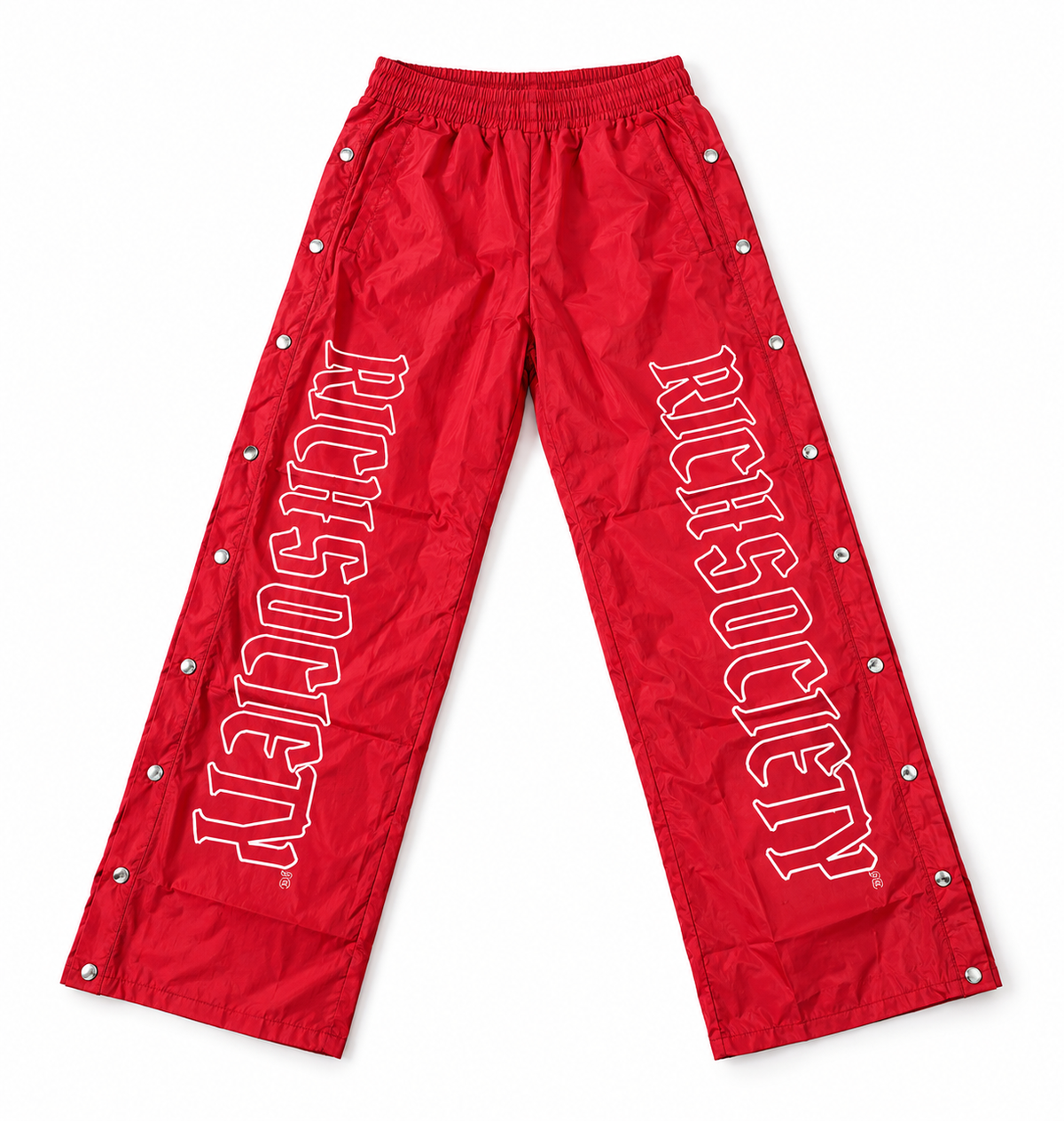 Red RichSociety snap pants — full-pair mockup